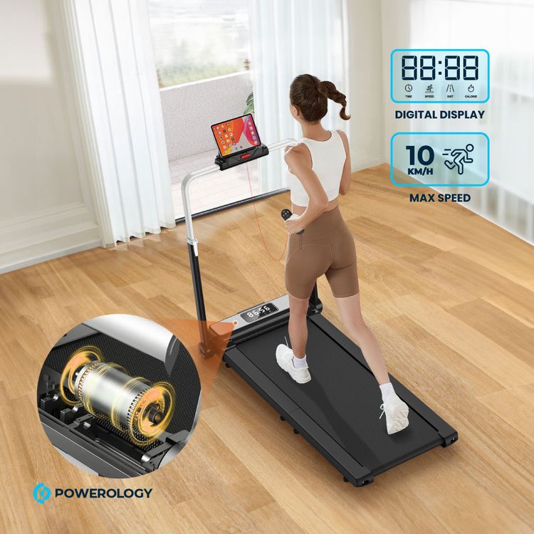Powerology Walking & Running Pad with Folding Design, Digital Display, 120kg Load Capacity, 5-Layer Running Belt, Adjustable Handlebar Height, 10 km/h Max Speed, Remote Control Included - Black