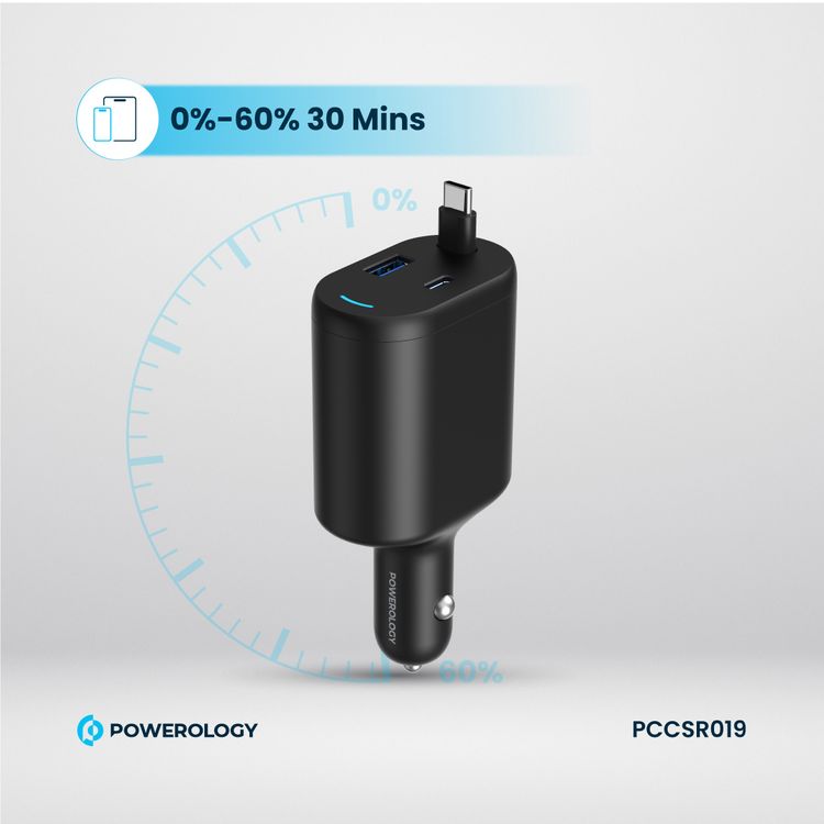 Powerology Retractable Car Charger with Simultaneous Charging, Built-In Safeguards, Patented Design, 1m Cable Length - Black 