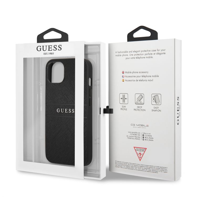 CG MOBILE Guess PU Leather Case Saffiano with Metal Logo Hot Stamp Stripes Compatible for iPhone 13 (6.1") Anti-Scratch, Easy Access to All Ports