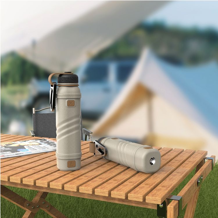 Porodo One Gear 5000mAh Power Bank with Flashlight, 110 Minutes Charging Time, 23 Hours Flashlight Working Time, Arc Lighter, Built-in Carabiner Hook, Adjustable Brightness - Khaki