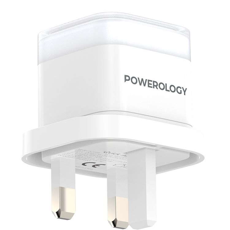 Powerology Lunex Dual-Port Fast Charging Adapter with USB-C & USB-A Ports, 35W Power Delivery, 22.5W USB-A Output, UK 3-Pin Plug, Universal Protocol Support, Multi-Device Charging - White