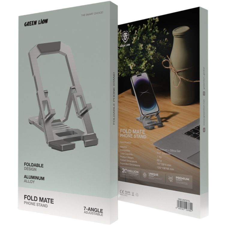 Green Lion Fold Mate Phone Stand, 1kg Load Capacity, 4-7" Devices Compatible, 7-Angle Adjustable, Foldable Design - Gray