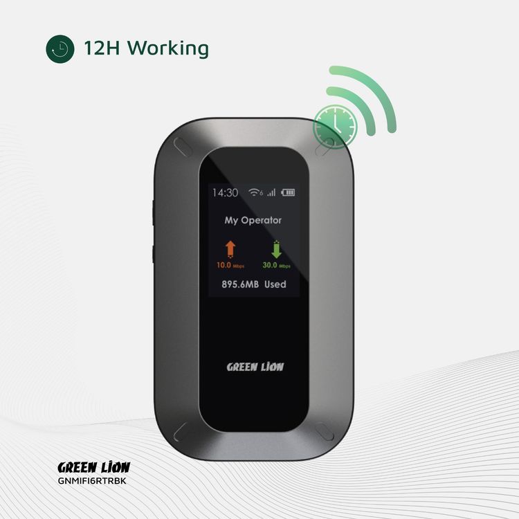 Green Lion Portable Mifi Router with WiFi6 High-Speed or USB Connectivity, 4G LTE & 3G Bands, Nano Sim Card, 3000mAh Battery Capacity, Up to 10 Devices Connectivity, Linux OS, 12 Hours Working Time, Automatic Configuration, Secure Encryption, Universal Compatibility, TFT HD Display - Black