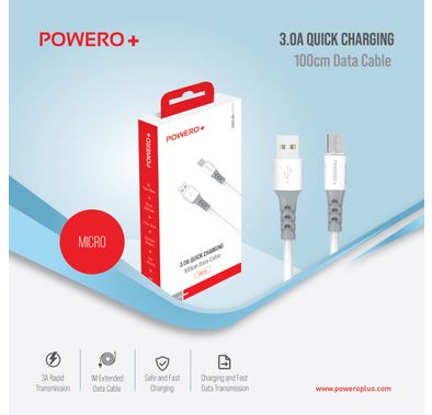 Powero+ Fine Series PVC Micro USB Data Cable 3A 100CM/1M Compatible for Android Micro USB Port Devices - Sturdy Fast Charging & Data Transmission Connector - White