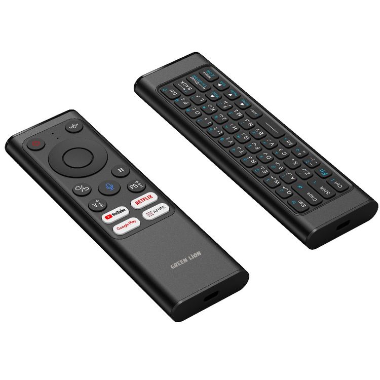 جهاز Green Lion Wireless Remote Pro مع لوحة مفاتيح وفأرة، اتصال 2.4G + بلوتوث، دقة 1200 DPI، منفذ شحن Type-C، مساعد صوتي، 61 مفتاح للوحة المفاتيح، سعة بطارية 300mAh، لوحة مفاتيح صغيرة – باللون الأسود.