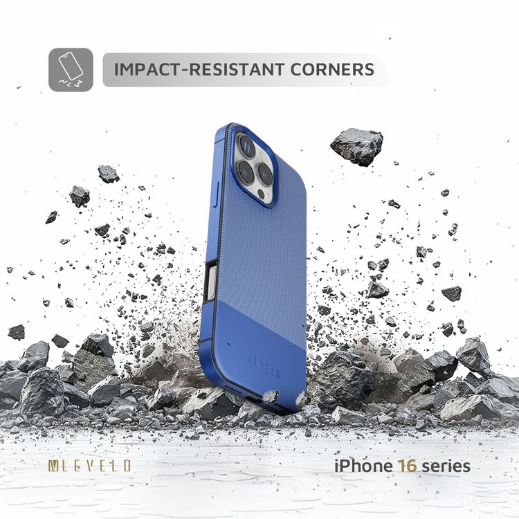 Levelo Cuir Two Tone Leather Case For iPhone 16 Pro, Durable, Compact Design, MagSafe Compatible, Hybrid Case, Impact-Resistant Corners , Aluminum Bumper Finish, High Quality Material - Blue