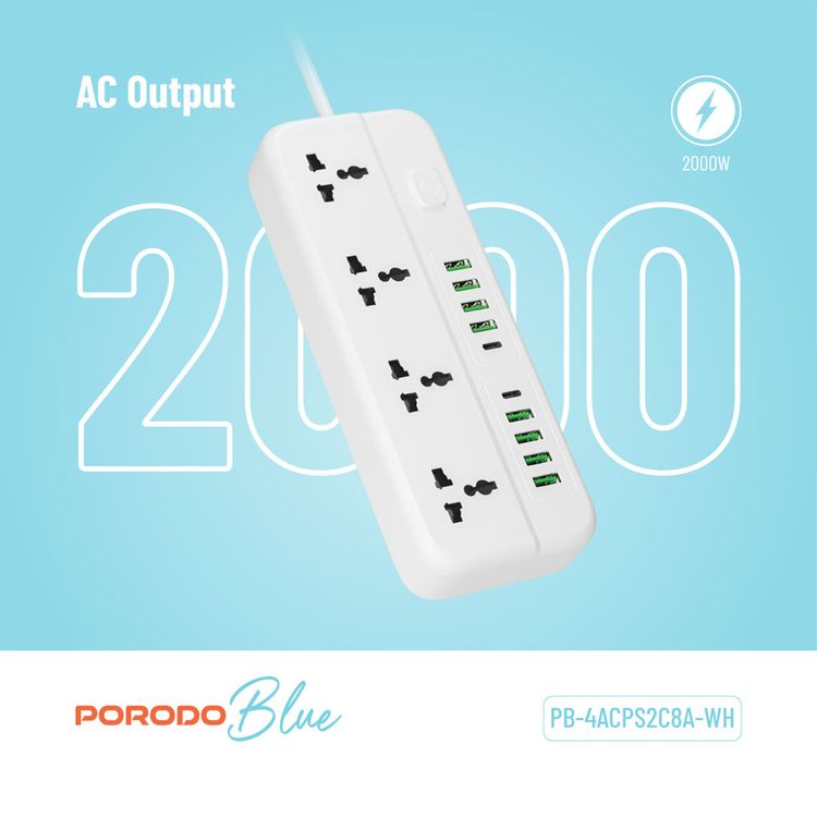 Porodo Blue Power Strip with 4 AC Sockets, Dual USB-C & 8 USB-A Ports, 3m Cable Length, 2000W AC Output, 3-Pin UK Plug, 10A Rated Current - White