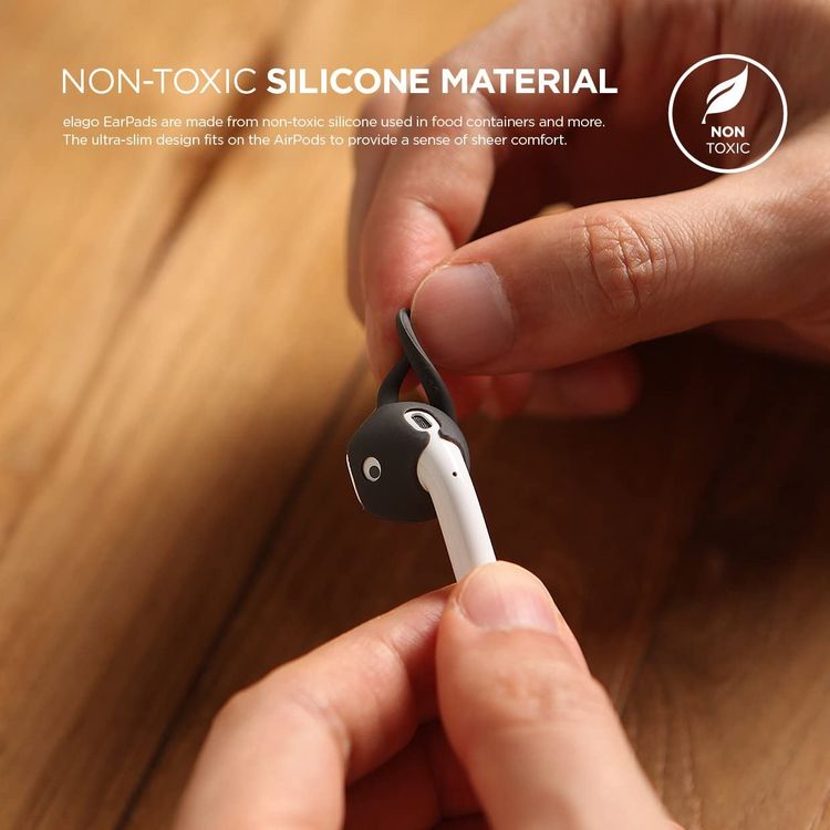 إيلاجو وسادة أذن من السيليكون لأجهزة ابل ايربودز من الجيل 1/2 ، حجمان ، سيليكون ممتاز ، تحافظ على أمانها وثباتها ، أسود
