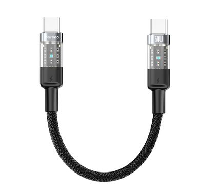 Porodo Braided Cable Transparent USB-C To USB-C Fast Charge & Data 35cm/1.1ft, 60W PD, 480Mbps Transfer Speed, Tangle Free - Black 