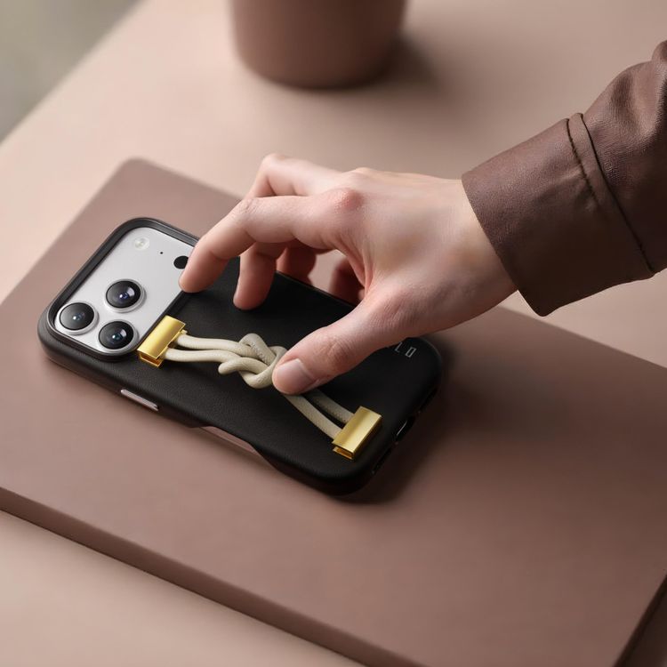 Levelo Polaris PU Leather Case with Wrist-Strap Grip for iPhone 17 Pro Max, Microfiber Inner Lining, Raised Bezels for Camera & Screen, Shock-Resistant Bumper, Drop-Tested - Black