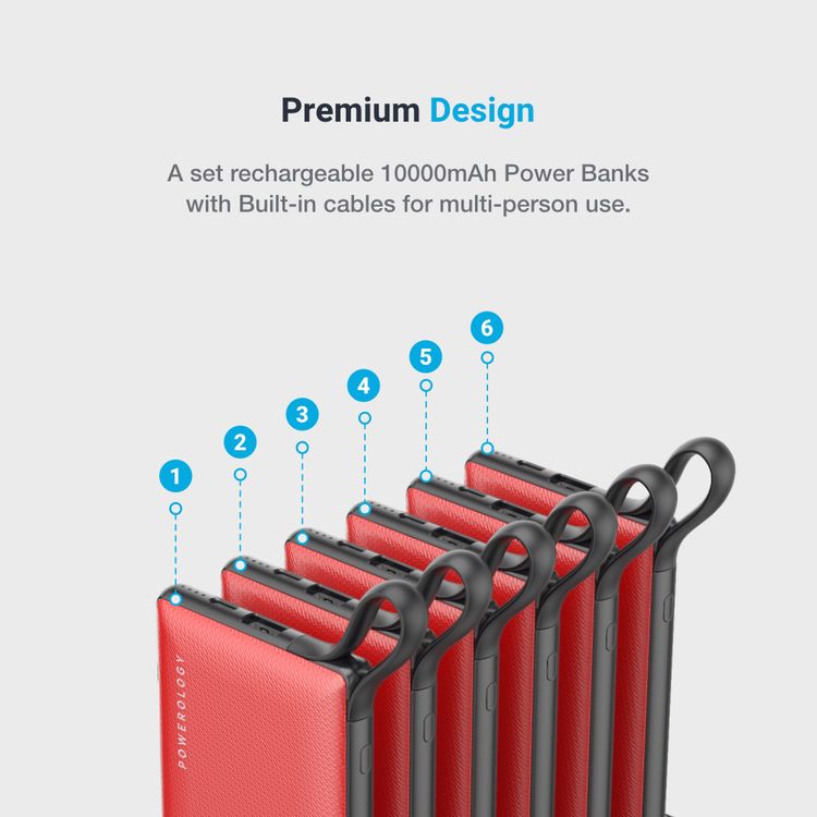 Powerology 6 in 1 Power Bank Station 10000mAh With Built-in Cable, Portable Power Bank, 1 Rapid Recharging Station, Type C Charging Ports - Red 