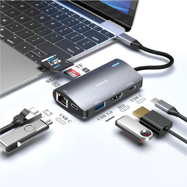 Porodo 7-in-1 Multi-Port USB-C Hub with USB-C, HDMI, RJ45, USB 3.0, USB-C 3.0, SD & TF Ports, 140mm Cable Length, 100W Power Delivery, Fast Data Transfer, Plug & Play Design - Gray