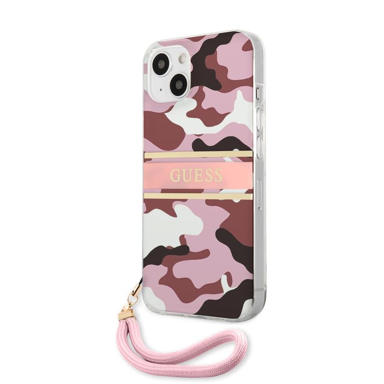 CG MOBILE Guess PC/TPU Case Camo Design & Stripe with Anti-Lost Nylon Strap for iPhone 13 (6.1") Shock Absorption & Drop Protection Suitable with Wireless Chargers Officially Licensed Pink