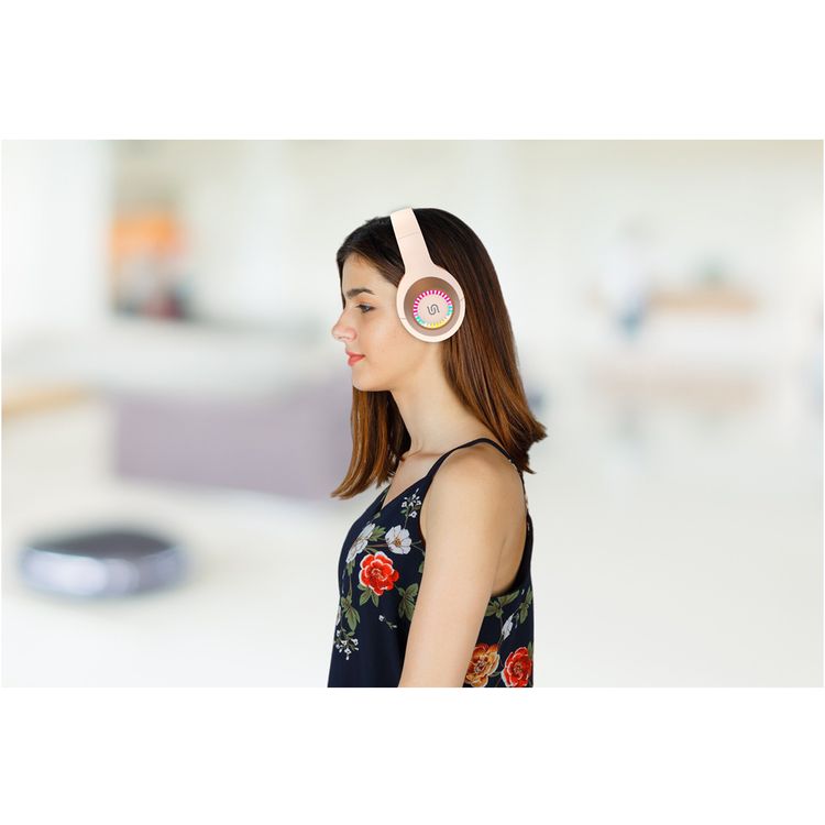 Porodo Soundtec Radiant Wireless Headphones with 6 Hours Playtime, Type-C Charging, Convenient Controls,  3.5mm Jack, LED Light, 120 Hours Standby Time, Android and iOS Compatibility - Beige/Orange