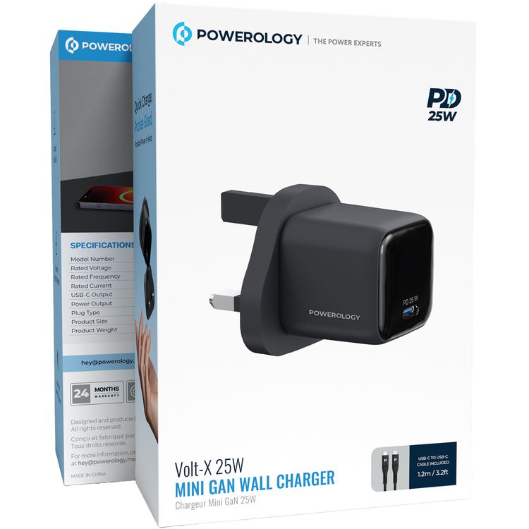 Powerology Volt-X 25W Mini Gan Wall Charger with USB-C to USB-C Cable, Universal Protocol Support, Fast Charging Speed, Wide Compatibility, Compact Travel Size - Black