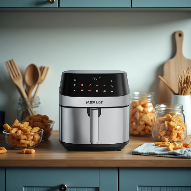 Green Lion Deluxe Air Fryer with LED Touch Screen, 8L Capacity, Up to 60 Minutes Frying Time, 10 Preset Programs, Rapid Air Circulation, 2200W Power, Non-Stick Coating - Black