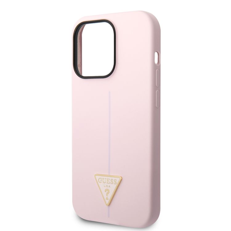 Guess Liquid Silicone Case with Shiny Line & Metal Triangle Tone Logo iPhone 14 Pro Compatibility - Purple