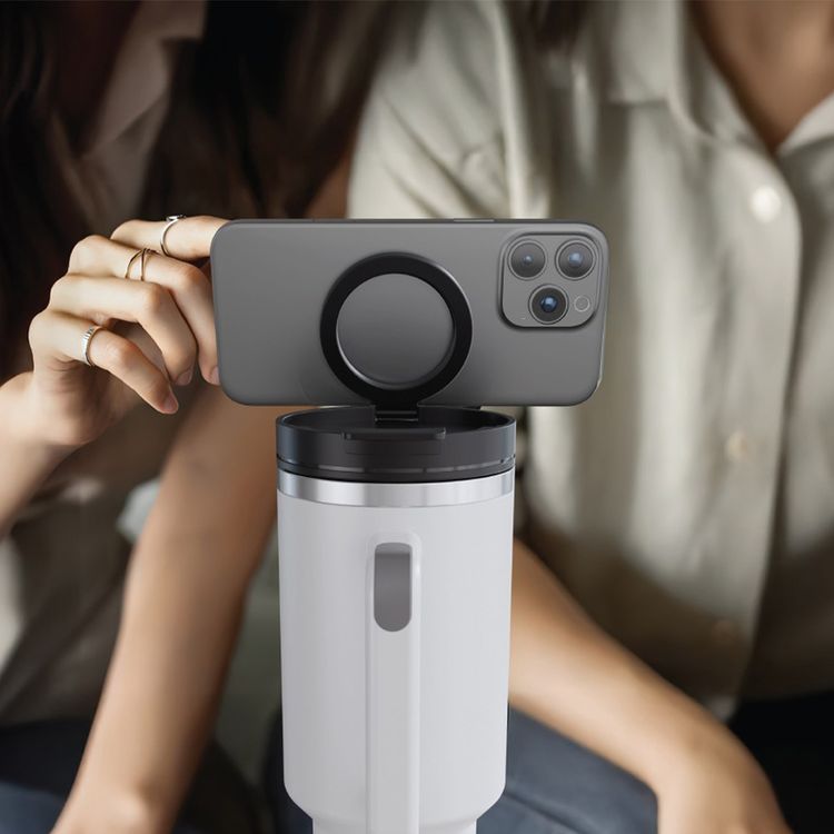 Porodo Lifestyle Magnetic-Mount Insulated Tumbler with 1.2L Capacity, MagSafe Compatibility, Stainless Steel Material, 90° Tilt Angle, Effortless Multitasking, 360° Rotation - White