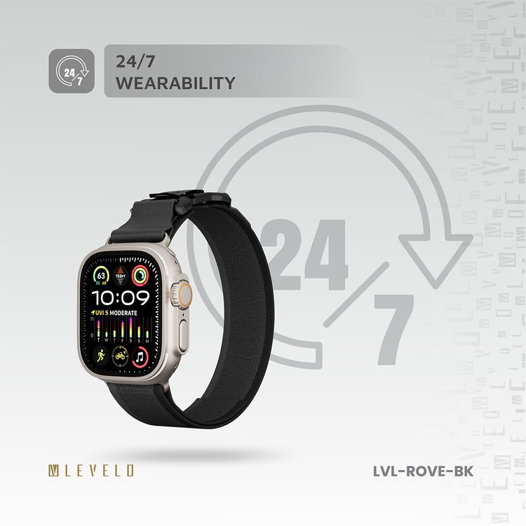 Levelo Rove Nylon Watch Strap with Magnetic Buckle, Compatible with 49/46mm Smartwatches & Apple Watch SE, Series 9, 8, 7, 6, 5, Abrasion Resistance, Hypoallergenic Material, Easy Snap-On & Quick Release Mechanism, Water-Resistant, Sweat-Resistant, 24/7 Wearability - Black