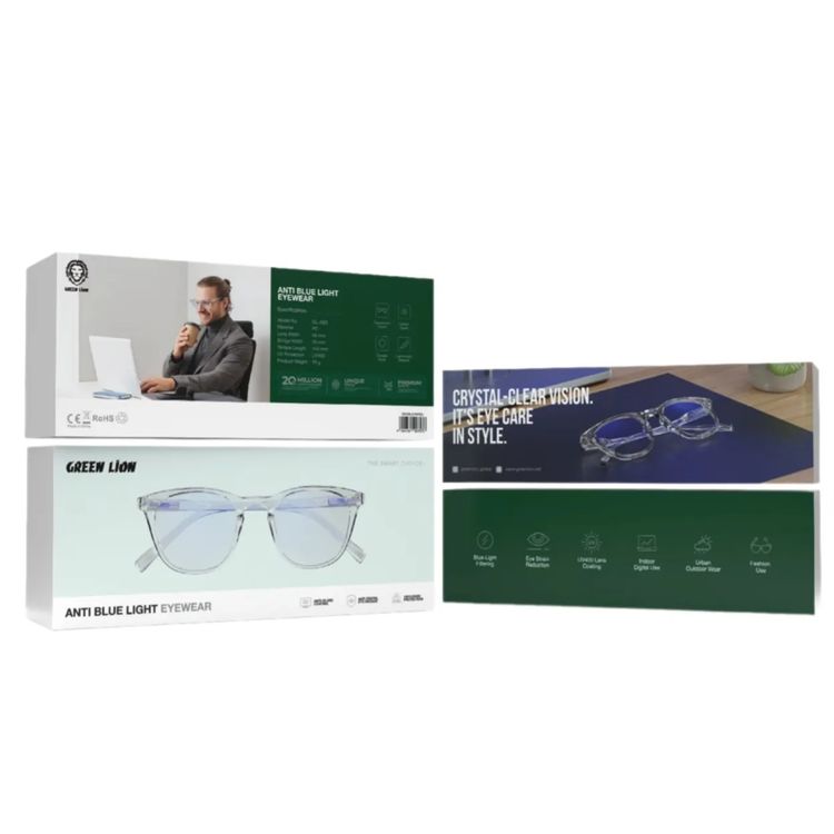 Green Lion Anti Blue Light Eyewear with Anti-Glare Coating, Anti-Digital Eye Fatigue, UV400 Protection, PC Material, Transparent Frame, Optical Clarity - Clear