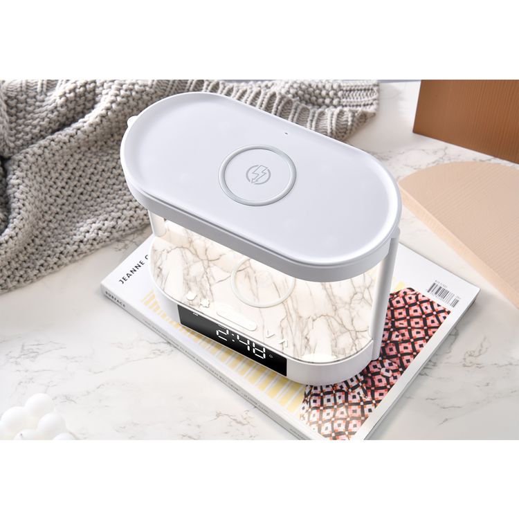 Porodo Bedside Light with Wireless Charger and Digital Clock, 3 Brightness Levels, Dual Wireless Charging, Alarm and Snooze Function, Digital Display - White
