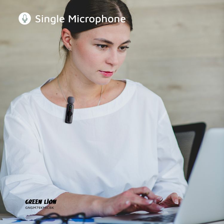 ميكروفون Green Lion GM-79X بمزايا إلغاء الضوضاء بثلاث مستويات، ووقت عمل يصل إلى 5 ساعات، وتأخير أقل من 30 مللي ثانية، ميكروفون واحد، موصلات Type-C وAUX وLightning - اللون الأسود.
