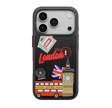 Levelo Vallo PU Leather Case for iPhone 17 Pro with Embroidery London Finish, Comfortable Hold, Durable PU Leather, Raised Bezels for Camera and Screen, True Microfiber Interior Lining, Scratch & Wear Resistant, Shock-Resistant Bumper - Midnight Black