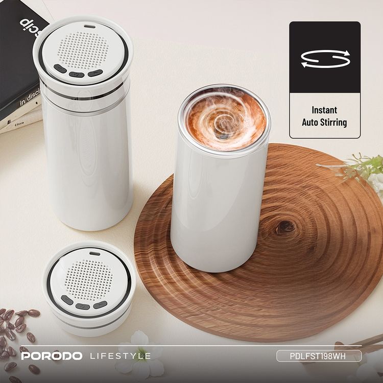 Porodo Fluxmix 350mL Stirring Cup with Speaker, LED Temperature Display, 200 Cycles Blender Battery Life, 2 Hours Speaker Battery Life, 5W Speaker Power, Bluetooth Version 5.3, 155mAh Blender Battery Capacity, 600mAh Speaker Battery Capacity, Touch Control, 304 Stainless Steel Material - White