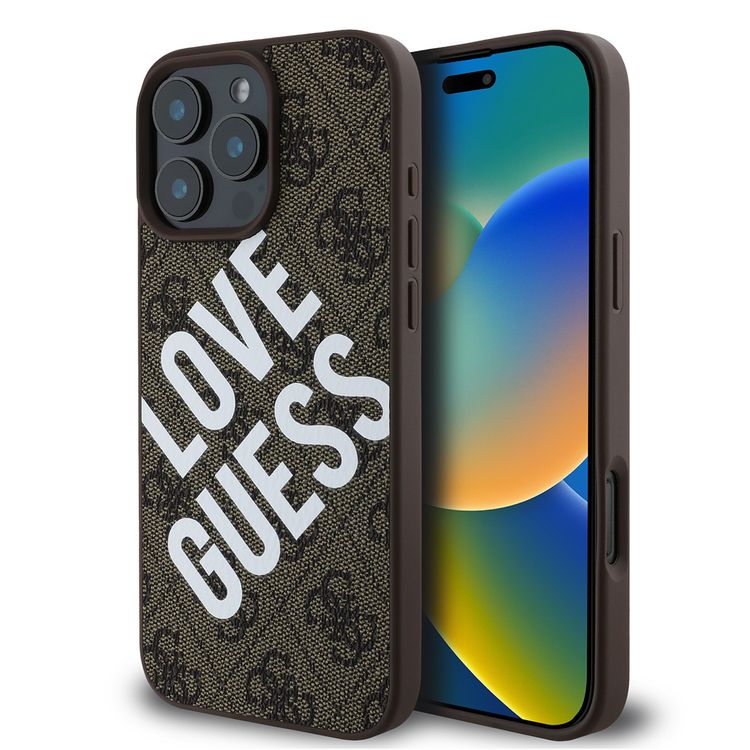 Guess PU 4G Hard Case with Big Love Guess Logo For iPhone 16 Pro, High Quality Material, Lightweight, Easy Snap-on - Brown