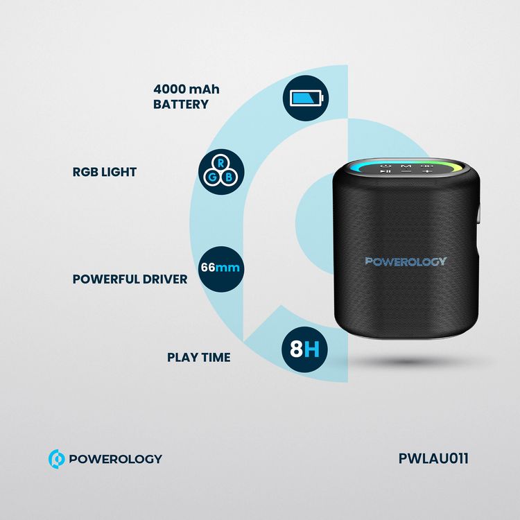 Powerology Portable Loud Speaker, 4000mAh Battery Capacity, Bluetooth Version 5.0, 3-4 Hours Charging Time, 8 Hours Working Time - Black