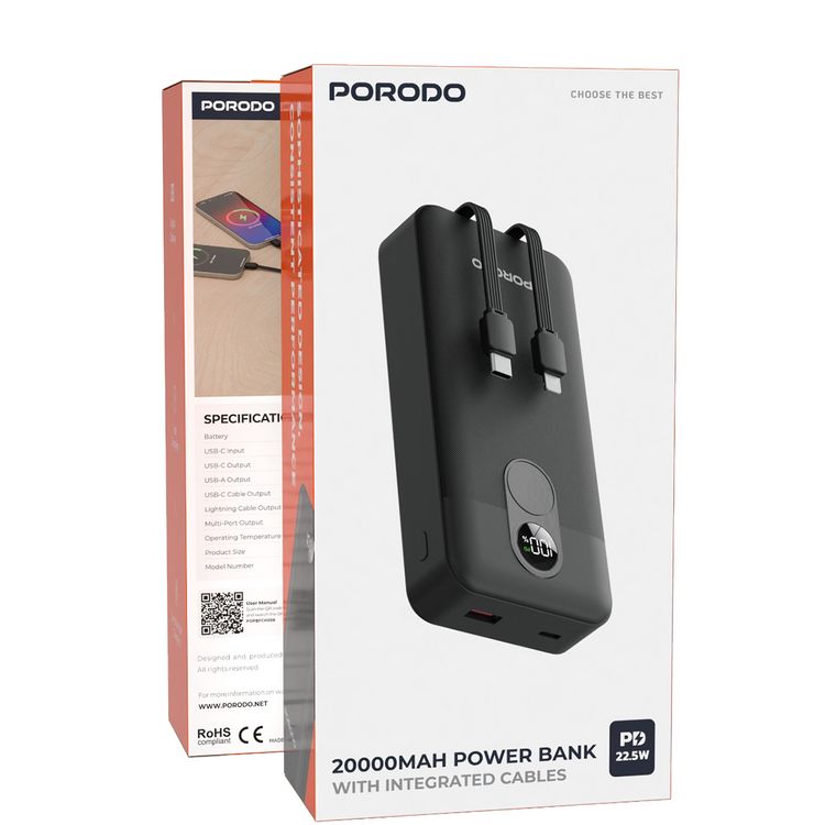 Porodo 20000mAh Power Bank with Built-in Type-C & Lightning Cables, 22.5W Power Delivery, Simultaneous Charging, 0%-60% Charge in 35 Minutes, Digital Display - Black