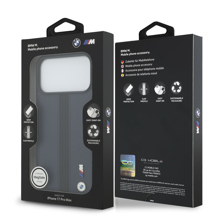 حافظة BMW بجلد PU مع خطوط مثقبة وشعارات معدنية لهاتف iPhone 17 Pro Max، متوافقة مع MagSafe، تغليف مستدام، حماية من السقوط، تصميم نحيف، تصميم سهل التركيب - لون كحلي / أسود