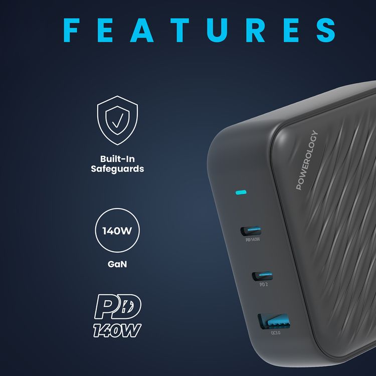 Powerology 140W Dual PD GaN Charger with Built-in Safeguards, 18W USB-A Output, UK 3-Pin Plug, Laptop Charging Compatibility, Triple-Port Fast Charging - Black
