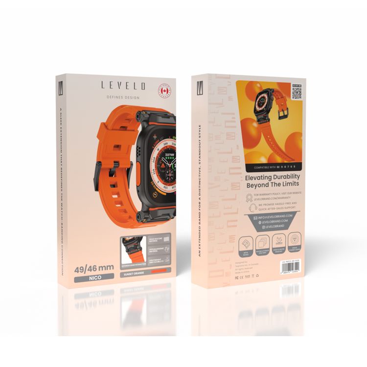 Levelo Nico Watch Strap for Apple Watch 49/46mm with Metal Buckle Closure, Compatible with SE Series 9, 8, 7, 6, 5, Silicone & Stainless Steel Finish, Lightweight & Flexible Fit, Sweat-Resistant & Water-Resistant, Hypoallergenic Material, Extended Band Interaction - Sunset Orange