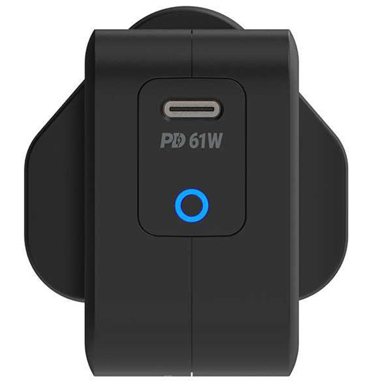 Powerology Ultra-Compact PD Charger with 61W Power Delivery, 100% Charge in 2 Hours, UK 3-Pin Plug, Built-in Safeguards, Advanced GaN Technology - Black