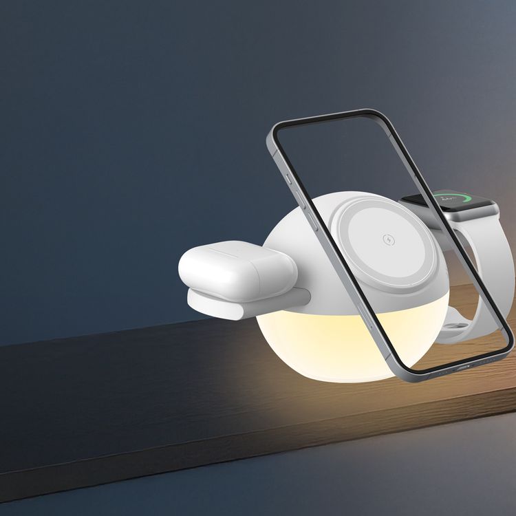 Porodo Orbix 3-in-1 Wireless Charger with Adjustable Ambient Light, 3-8mm Charging Distance, 15W Wireless Fast Charging, 5W Earbuds Output, 2.5W Watch Output, Type-C Charging Interface, Secure Magnetic Dock - White