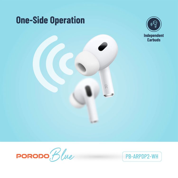 Porodo Blue Earbuds Pro 2 With Swipe Volume, 20 Hours Working Time, Wireless Charging, Deep Bass, Independent Earbuds, Touch Control -  White