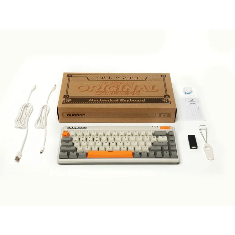 Durgod Fusion Wireless Mechanical Keyboard 65% Layout Doubleshot PBCherry Profile, Bluetooth 5.0, compatibility with Mac & Windows, USB Type C, Brown Switch - Gray/White/Orange
