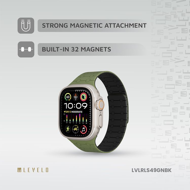 سوار سيليكون Levelo Royallink مزدوج اللون لساعة Apple مقاس 49/46 ملم، مصنوع من مادة مضادة للحساسية، يحتوي على 32 مغناطيس مدمج، مقاوم للماء والعرق، نظام تثبيت مغناطيسي قوي، سهل التركيب - أخضر / أسود.