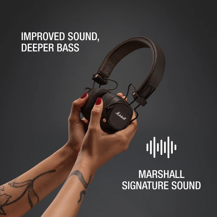 Marshall Major V Wireless On-Ear Headphones with Rugged & Foldable Design, Wireless Charging, 3 Hours Charging Time, Customizable M-Button, Bluetooth Version 5.3, Up to 100 Hours Play Time - Brown