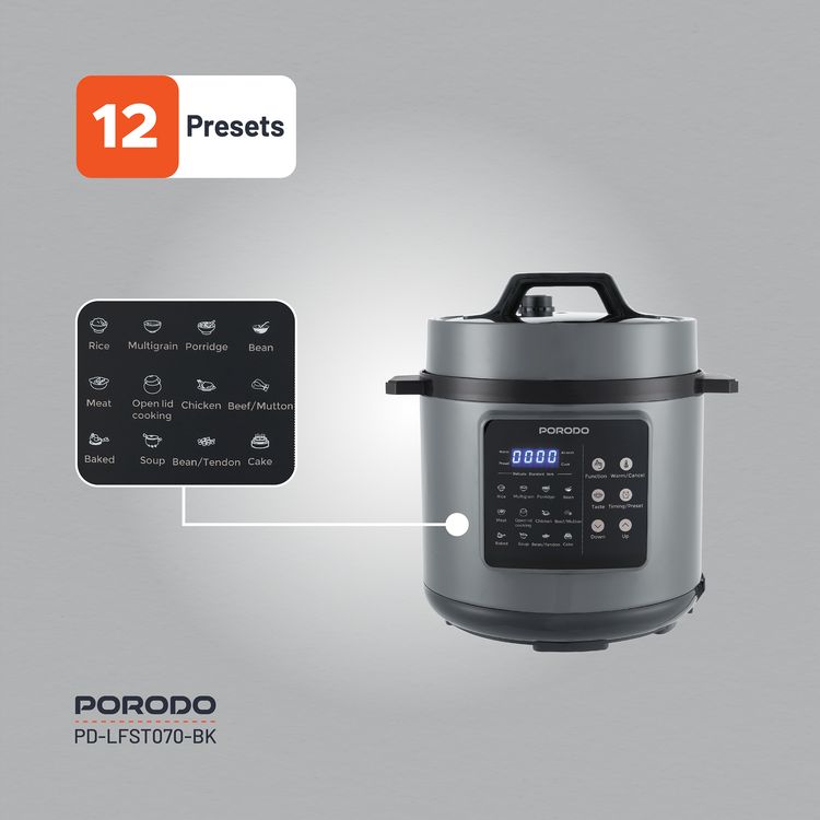 Porodo 1300W Multi-Cuisine Pressure Cooker with 6L Capacity & LED Display, One-Pot Meals, 12 Preset Functions, Pressure Release Button, One-Touch Control, Auto Pilot Cooking, Customizable Cooking Programs - Black