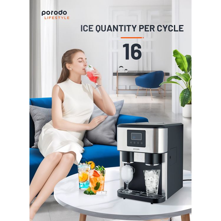 Porodo Lifestyle 3-in-1 Ice Maker, Ice Crusher & Cold Water Dispenser with 2L Water Tank Capacity, Dual Ice Making Mode, LED Display, Up to 18kg of Ice per Day - Black