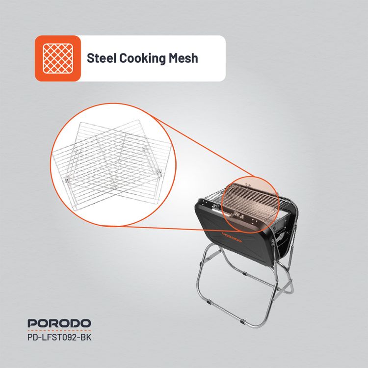 Porodo Lifestyle Portable Folding BBQ Grill with Steel Cooking Mesh, 17-inch Grilling Area, Camping Trip, Backyard Parties & Beach Outings, Easy to Clean, Quick Setup - Black