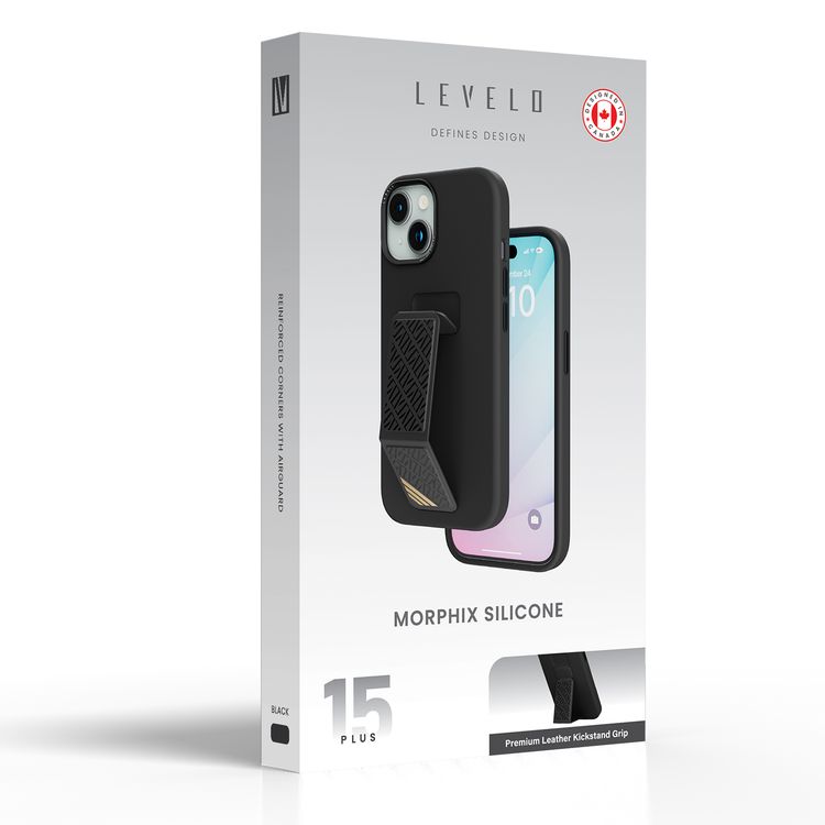 Levelo Morphix Silicone Case with Leather Grip for iPhone 15 Plus - Black
