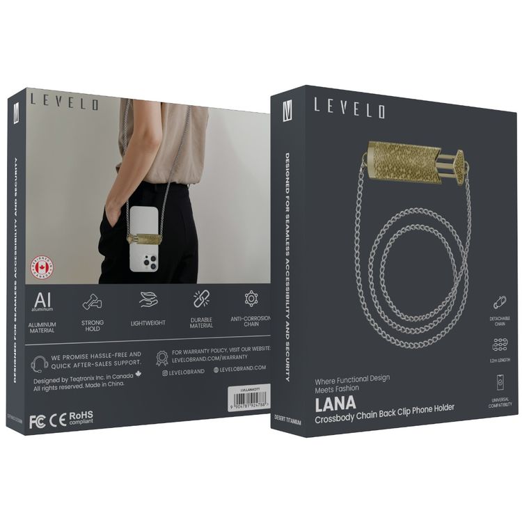 Levelo Lana Crossbody Chain Back Clip Phone Holder with Aluminum Material, 1.2m Chain Length, Anti-Corrosion Chain, Universal Compatibility -  Desert Titanium