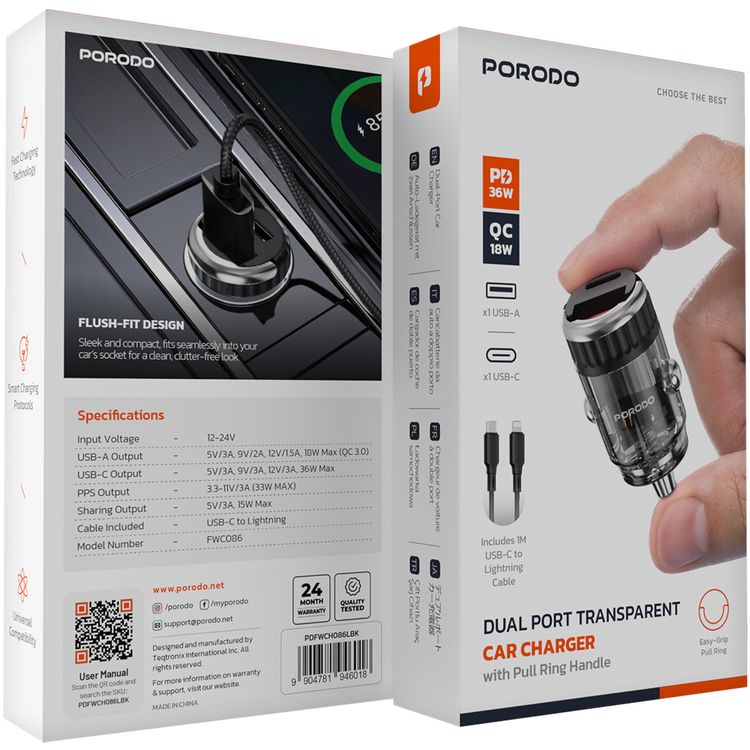 Porodo Dual Port Transparent Car Charger with USB-C to Lightning Cable, PD 36W, QC 18W, USB-A & USB-C Ports, Pull Ring Handle, Fast Charging Technology, Smart Charging Protocols, Universal Compatibility - Black