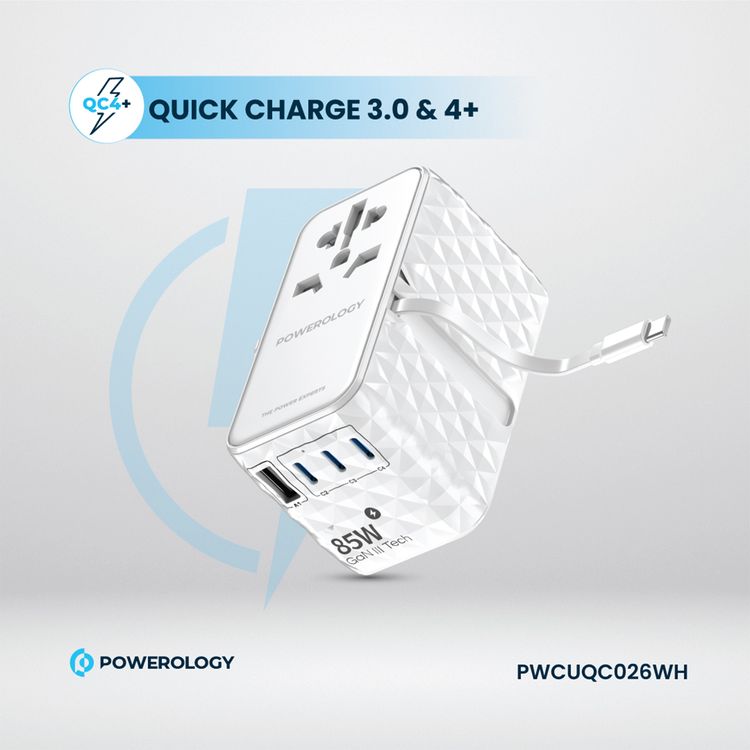 Powerology Universal 85W Super Charger with Retractable Type-C Cable, 70W Power Delivery, GaN Technology, Simultaneous Charging, Spare Fuse Included - White