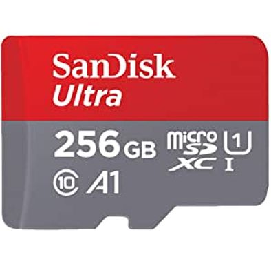 SanDisk 256GB Ultra microSDXC U1, C10, A1, UHS-1, 100MB/s R, 4x6, 10Y - SDSQUAR-256G-GN6MN -  Red/Gray