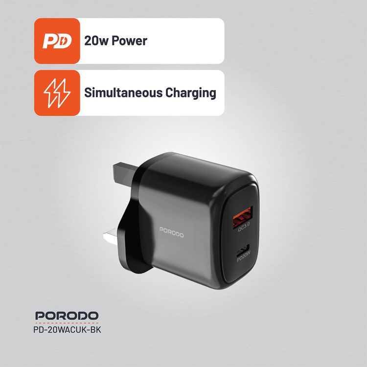 Porodo Dual Output Quick Charger with 20W Power Delivery, QC 18W, UK 3-Pin Plug, Simultaneous Charging, Universal Compatibility - Black