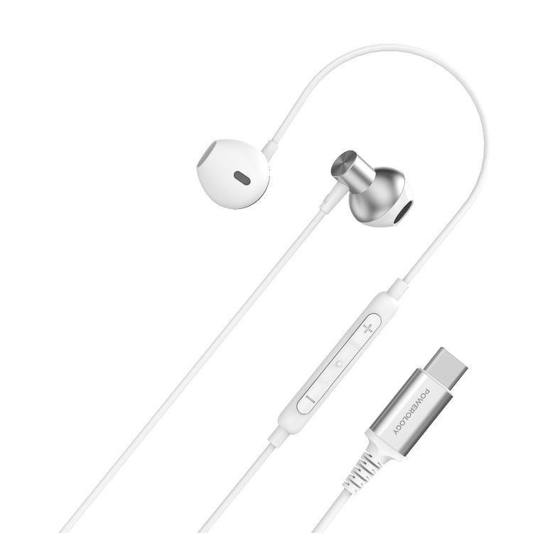 Powerology Stereo Earphones with Type-C Connection, HD Sound Quality, 5mW Max Power, 1.2m Cable Length, Button Control, Hi-Fi Audio, Crystal-Clear Audio, Lightweight & Comfortable Design - White